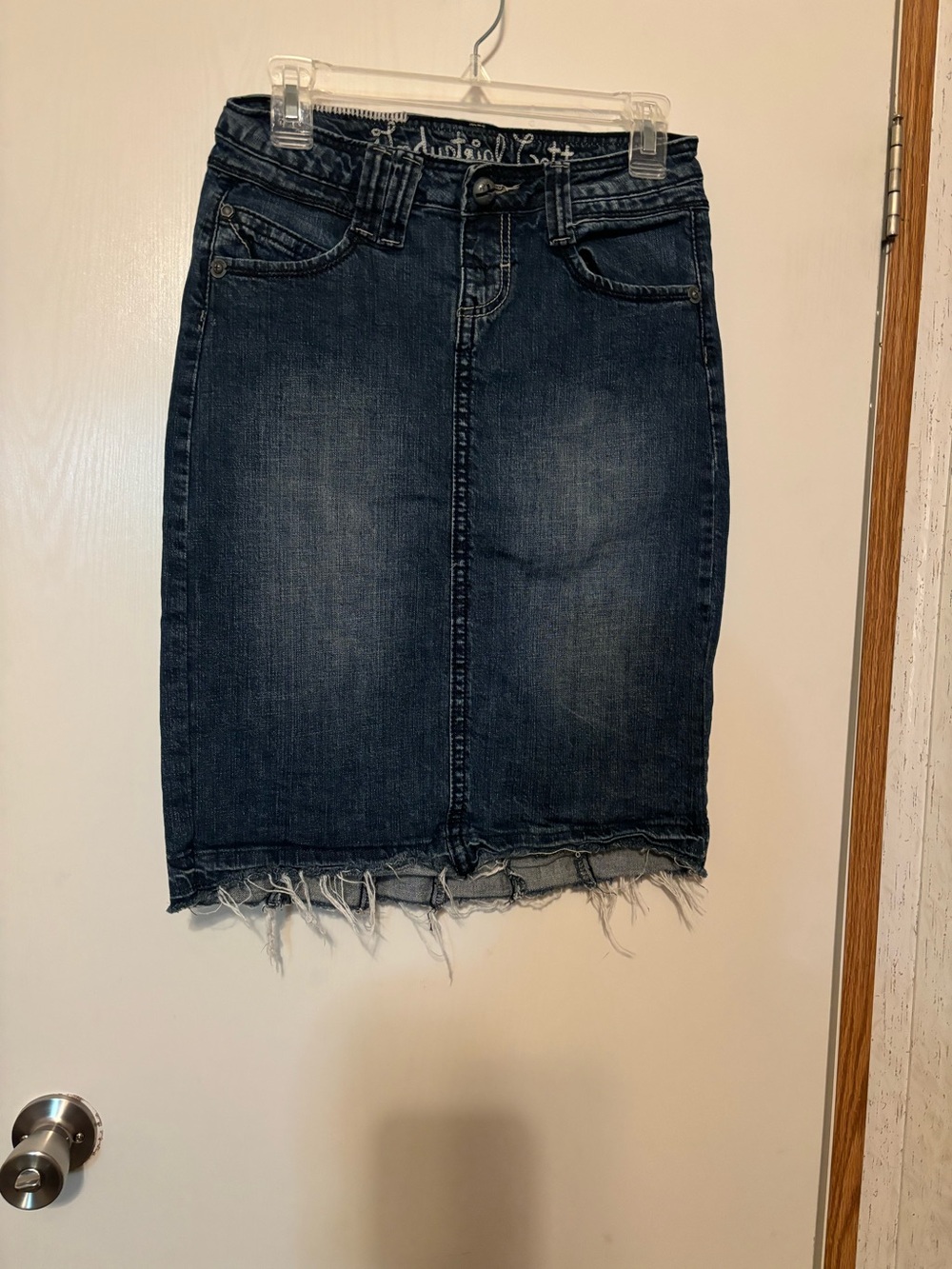 Dark Blue Denim Pencil Skirt with Frayed Hem